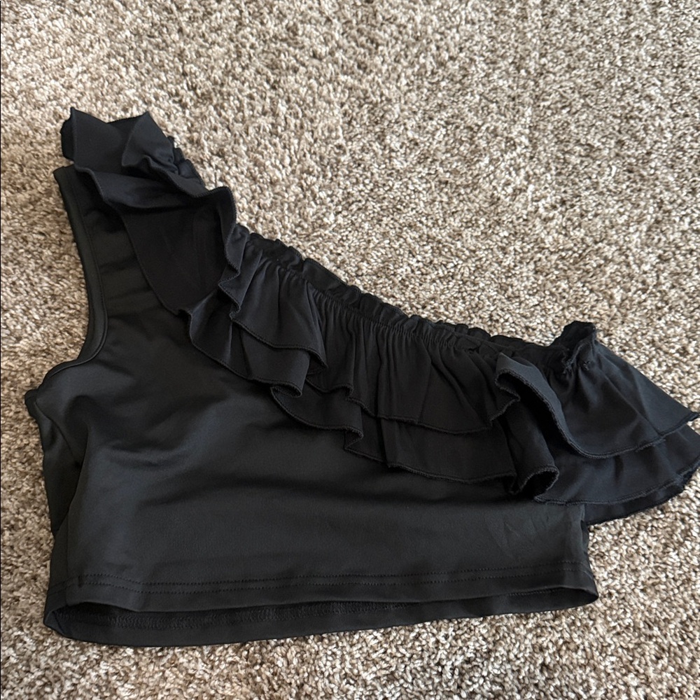 Black Ruffled One-Shoulder Top